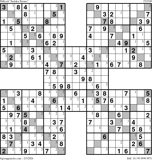 The grouppuzzles.com Difficult Sudoku-Xtreme puzzle for Tuesday February 3, 2026 with the first 3 steps marked