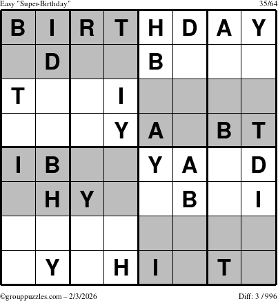 The grouppuzzles.com Easy Super-Birthday puzzle for Tuesday February 3, 2026