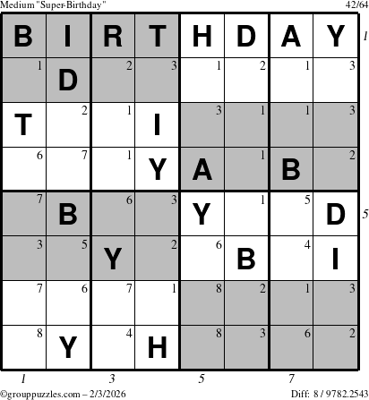 The grouppuzzles.com Medium Super-Birthday puzzle for Tuesday February 3, 2026, suitable for printing, with all 8 steps marked