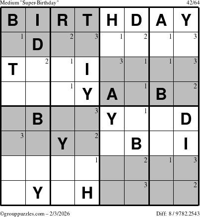 The grouppuzzles.com Medium Super-Birthday puzzle for Tuesday February 3, 2026 with the first 3 steps marked