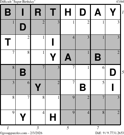 The grouppuzzles.com Difficult Super-Birthday puzzle for Tuesday February 3, 2026 with all 9 steps marked