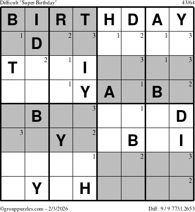 The grouppuzzles.com Difficult Super-Birthday puzzle for Tuesday February 3, 2026 with the first 3 steps marked