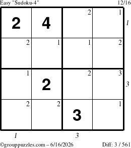 The grouppuzzles.com Easy Sudoku-4 puzzle for Tuesday June 16, 2026, suitable for printing, with all 3 steps marked