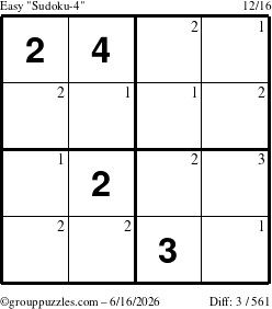 The grouppuzzles.com Easy Sudoku-4 puzzle for Tuesday June 16, 2026 with the first 3 steps marked