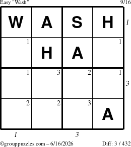 The grouppuzzles.com Easy Wash puzzle for Tuesday June 16, 2026 with all 3 steps marked