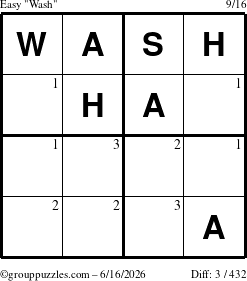 The grouppuzzles.com Easy Wash puzzle for Tuesday June 16, 2026 with the first 3 steps marked