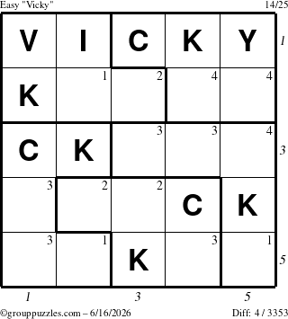 The grouppuzzles.com Easy Vicky puzzle for Tuesday June 16, 2026 with all 4 steps marked