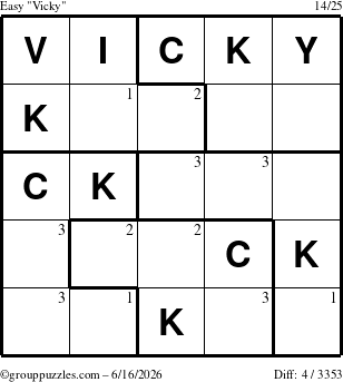The grouppuzzles.com Easy Vicky puzzle for Tuesday June 16, 2026 with the first 3 steps marked