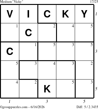 The grouppuzzles.com Medium Vicky puzzle for Tuesday June 16, 2026, suitable for printing, with all 5 steps marked