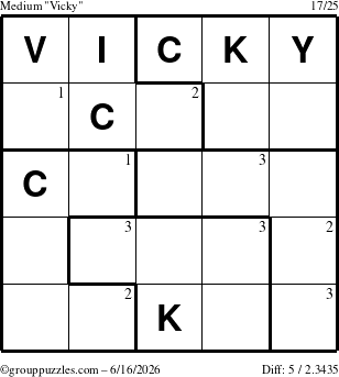 The grouppuzzles.com Medium Vicky puzzle for Tuesday June 16, 2026 with the first 3 steps marked