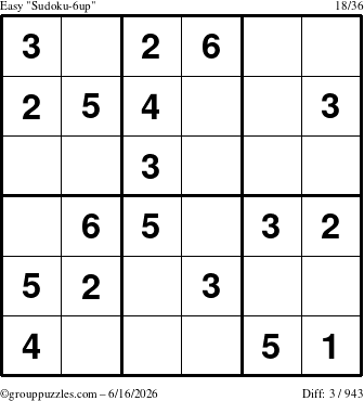 The grouppuzzles.com Easy Sudoku-6up puzzle for Tuesday June 16, 2026