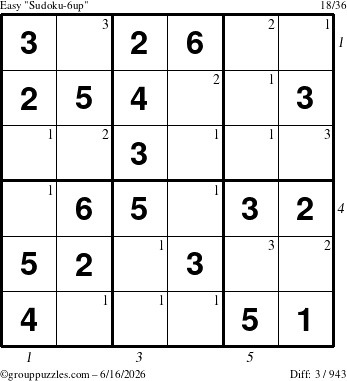 The grouppuzzles.com Easy Sudoku-6up puzzle for Tuesday June 16, 2026 with all 3 steps marked