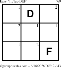 The grouppuzzles.com Easy TicTac-DEF puzzle for Tuesday June 16, 2026 with the first 2 steps marked