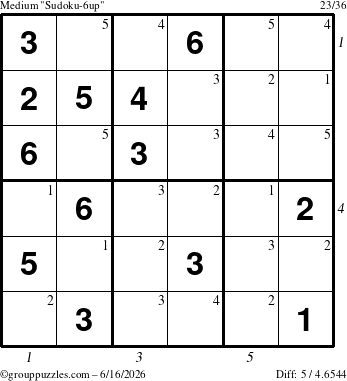 The grouppuzzles.com Medium Sudoku-6up puzzle for Tuesday June 16, 2026, suitable for printing, with all 5 steps marked