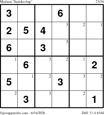 The grouppuzzles.com Medium Sudoku-6up puzzle for Tuesday June 16, 2026 with the first 3 steps marked