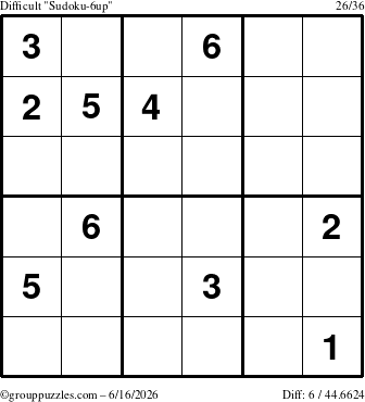 The grouppuzzles.com Difficult Sudoku-6up puzzle for Tuesday June 16, 2026