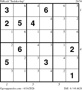 The grouppuzzles.com Difficult Sudoku-6up puzzle for Tuesday June 16, 2026, suitable for printing, with all 6 steps marked