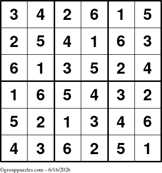 The grouppuzzles.com Answer grid for the Sudoku-6up puzzle for Tuesday June 16, 2026