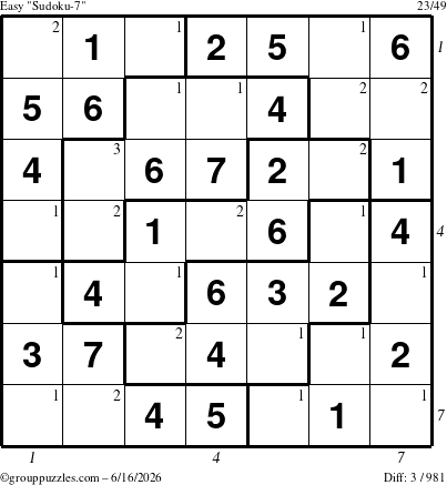The grouppuzzles.com Easy Sudoku-7 puzzle for Tuesday June 16, 2026, suitable for printing, with all 3 steps marked