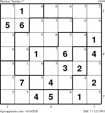 The grouppuzzles.com Medium Sudoku-7 puzzle for Tuesday June 16, 2026, suitable for printing, with all 7 steps marked