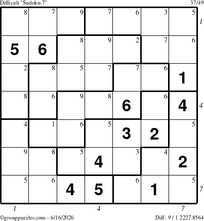 The grouppuzzles.com Difficult Sudoku-7 puzzle for Tuesday June 16, 2026 with all 9 steps marked