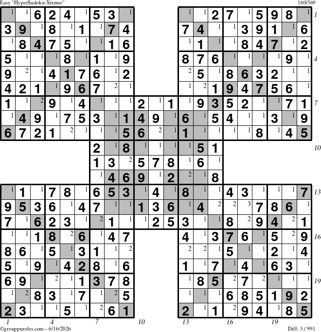 The grouppuzzles.com Easy HyperSudoku-Xtreme puzzle for Tuesday June 16, 2026 with all 3 steps marked