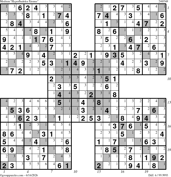 The grouppuzzles.com Medium HyperSudoku-Xtreme puzzle for Tuesday June 16, 2026 with all 6 steps marked