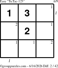The grouppuzzles.com Easy TicTac-123 puzzle for Tuesday June 16, 2026 with all 2 steps marked