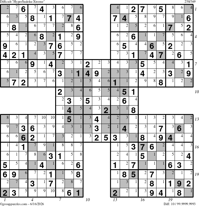 The grouppuzzles.com Difficult HyperSudoku-Xtreme puzzle for Tuesday June 16, 2026, suitable for printing, with all 10 steps marked