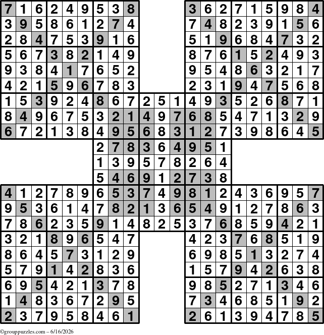 The grouppuzzles.com Answer grid for the HyperSudoku-Xtreme puzzle for Tuesday June 16, 2026