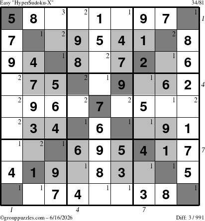 The grouppuzzles.com Easy HyperSudoku-X puzzle for Tuesday June 16, 2026, suitable for printing, with all 3 steps marked