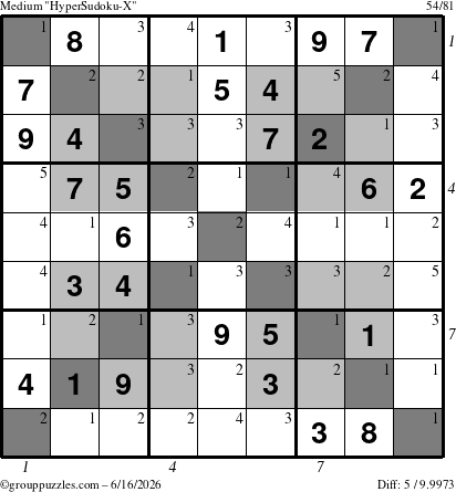 The grouppuzzles.com Medium HyperSudoku-X puzzle for Tuesday June 16, 2026 with all 5 steps marked