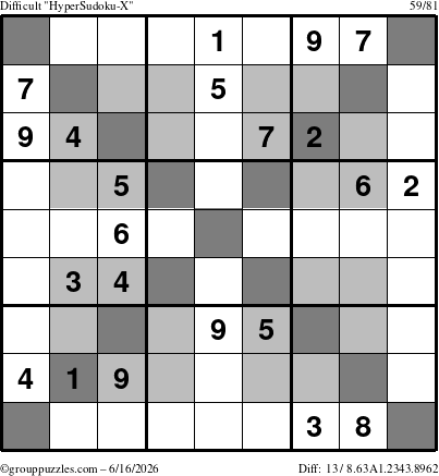 The grouppuzzles.com Difficult HyperSudoku-X puzzle for Tuesday June 16, 2026