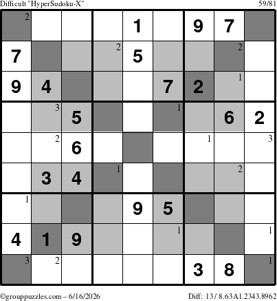 The grouppuzzles.com Difficult HyperSudoku-X puzzle for Tuesday June 16, 2026 with the first 3 steps marked