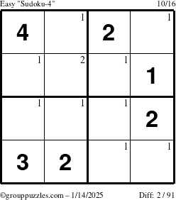 The grouppuzzles.com Easy Sudoku-4 puzzle for Tuesday January 14, 2025 with the first 2 steps marked