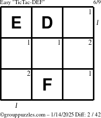 The grouppuzzles.com Easy TicTac-DEF puzzle for Tuesday January 14, 2025 with all 2 steps marked