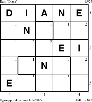 The grouppuzzles.com Easy Diane puzzle for Tuesday January 14, 2025 with all 3 steps marked