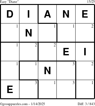 The grouppuzzles.com Easy Diane puzzle for Tuesday January 14, 2025 with the first 3 steps marked