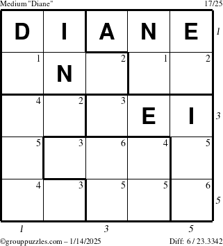 The grouppuzzles.com Medium Diane puzzle for Tuesday January 14, 2025 with all 6 steps marked