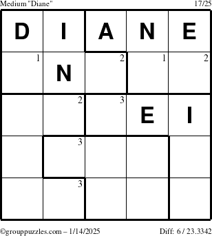 The grouppuzzles.com Medium Diane puzzle for Tuesday January 14, 2025 with the first 3 steps marked