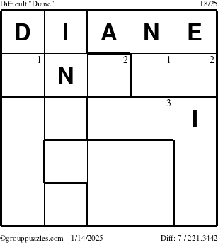 The grouppuzzles.com Difficult Diane puzzle for Tuesday January 14, 2025 with the first 3 steps marked