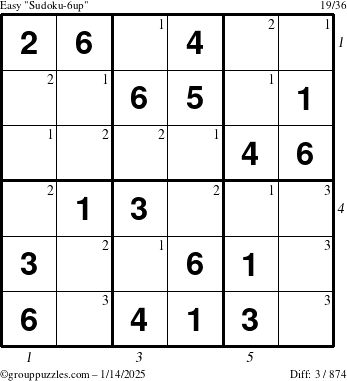 The grouppuzzles.com Easy Sudoku-6up puzzle for Tuesday January 14, 2025 with all 3 steps marked