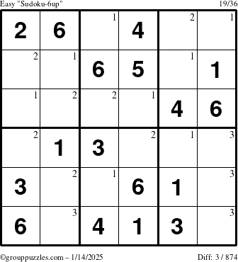 The grouppuzzles.com Easy Sudoku-6up puzzle for Tuesday January 14, 2025 with the first 3 steps marked