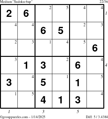 The grouppuzzles.com Medium Sudoku-6up puzzle for Tuesday January 14, 2025 with all 5 steps marked