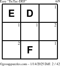 The grouppuzzles.com Easy TicTac-DEF puzzle for Tuesday January 14, 2025 with the first 2 steps marked