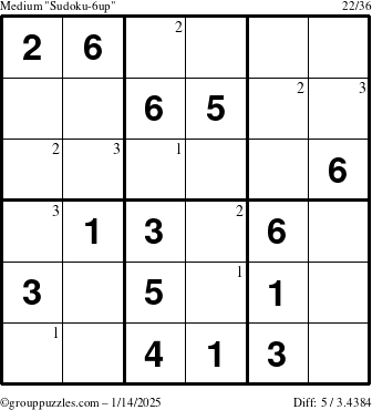 The grouppuzzles.com Medium Sudoku-6up puzzle for Tuesday January 14, 2025 with the first 3 steps marked