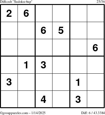 The grouppuzzles.com Difficult Sudoku-6up puzzle for Tuesday January 14, 2025