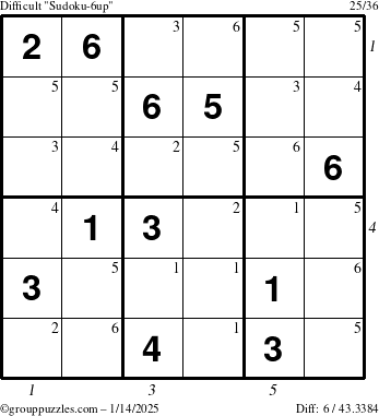 The grouppuzzles.com Difficult Sudoku-6up puzzle for Tuesday January 14, 2025 with all 6 steps marked