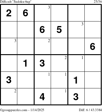 The grouppuzzles.com Difficult Sudoku-6up puzzle for Tuesday January 14, 2025 with the first 3 steps marked