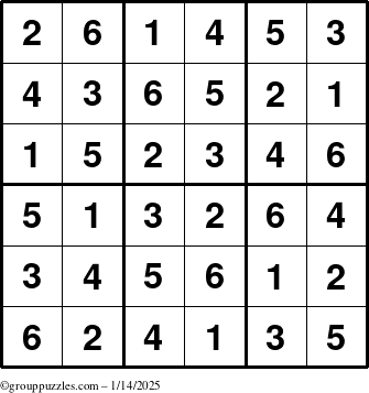 The grouppuzzles.com Answer grid for the Sudoku-6up puzzle for Tuesday January 14, 2025